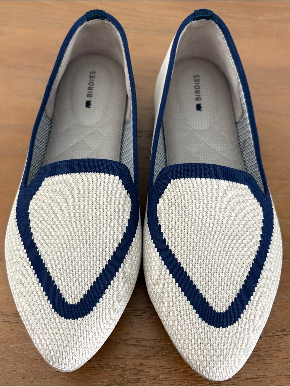 Birdies Cream Knit Pointed Loafers with Navy Trim